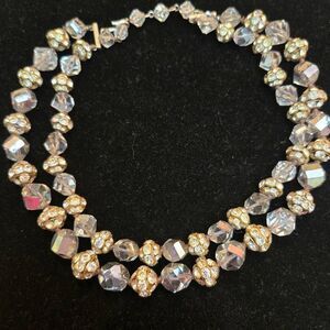 Vintage 2 strand Clear & Silver Faceted & Rhinestone Bead Necklace Choker